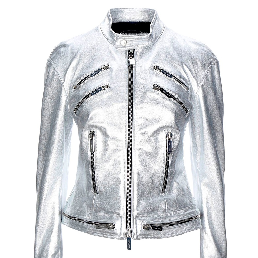 Dsquared2 Metallic Silver Leather Biker Jacket